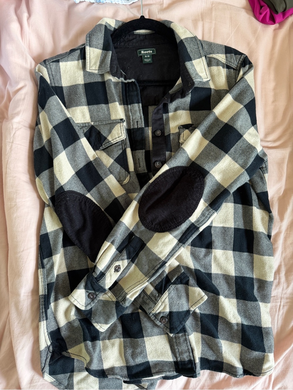 Women’s Roots Black and Cream Buffalo Check Button-Up Shirt 100% Cotton - Picture 4 of 5